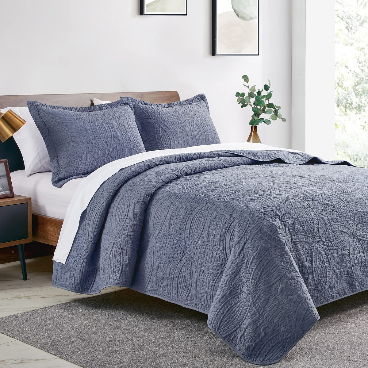 Love's cabin Quilts for Queen Bed Blue Bedspreads - Soft Bed Summer Lightweight Bedspread Comforter - Modern Style Coin Pattern Coverlet for All Season - 3 Pieces (1 Quilt, 2 Pillow Shams)