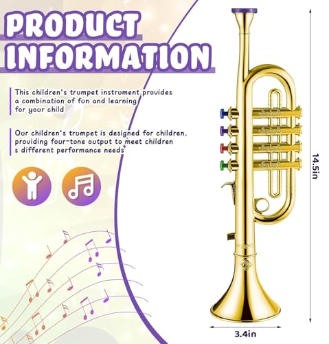 Lewtemi Gold Trumpet Musical Instruments Toy for Kid Fake Plastic | Musical Toy for Girls Preschool Learning, Fake Wind Horn Colorful Keys, Beginner Saxophone Trombone Bugle Teaching Gift