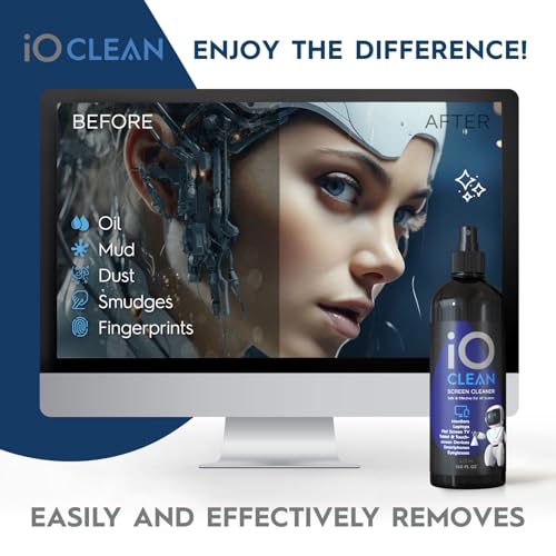 iO CLEAN 16oz Screen Cleaner Spray – Best Large Cleaning Kit | for LCD, LED & OLED TV, Smartphone, iPad, Laptop, Touchscreen, Computer Monitor, Microfiber Cloth Wipes & 2 Nozzles