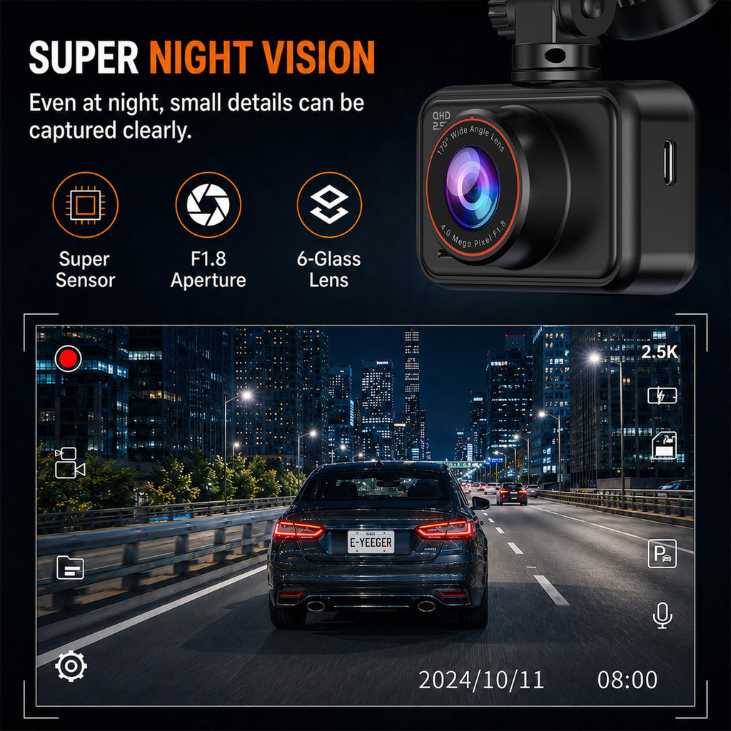 Dash Cam Front and Rear for Cars, 2.5K+1080P Dual Camera with 2" Screen | WDR Night Vision, 170° Lens, G-Sensor, Loop Recording, 360° Mount, Mini Design, 256GB Max, 24H Parking, SD Card Not Included