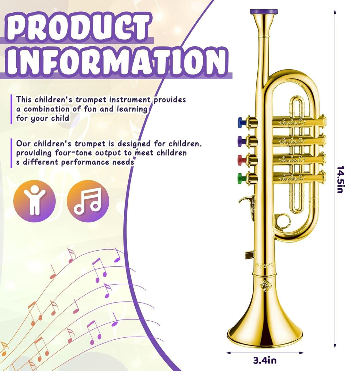 Lewtemi Gold Trumpet Musical Instruments Toy for Kid Fake Plastic | Musical Toy for Girls Preschool Learning, Fake Wind Horn Colorful Keys, Beginner Saxophone Trombone Bugle Teaching Gift