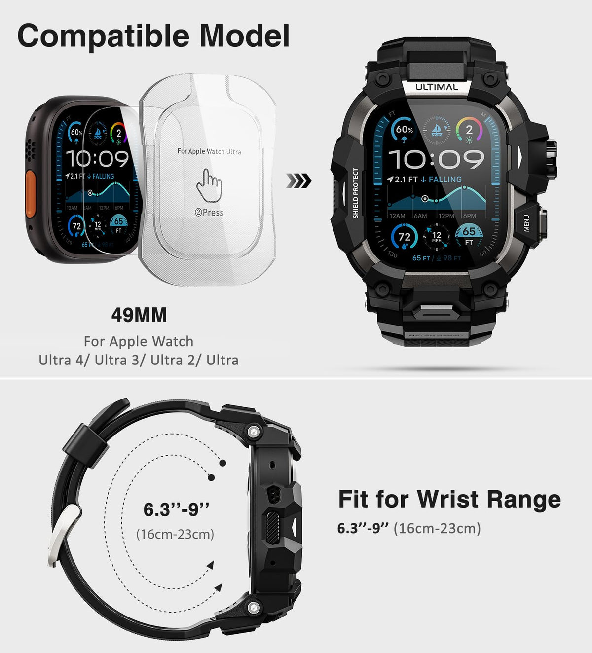 ULTIMAL Rugged Case with Band for Apple Watch Ultra 4/3/2/1, 49mm Black | Military-Grade Shockproof Bumper Cover with Tactical Band Men, Built for Rugged Protection, Secure Fit and Everyday Comfort