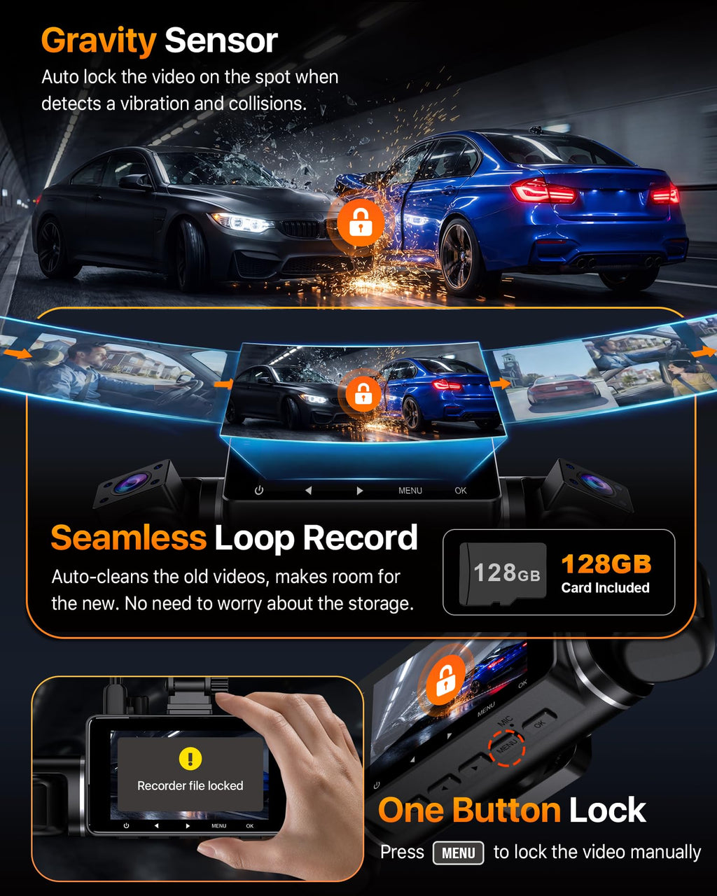 Icesky 4K Dash Cam Front and Rear Left Right with GPS, 20MB/s WiFi 6 | Include 128GB SD Card, G-Sensor, 5.8GHz WiFi6, Parking Mode, 8 IR Lights, 4K Front 1080P Rear/Left/Right, 360° 4 Channel