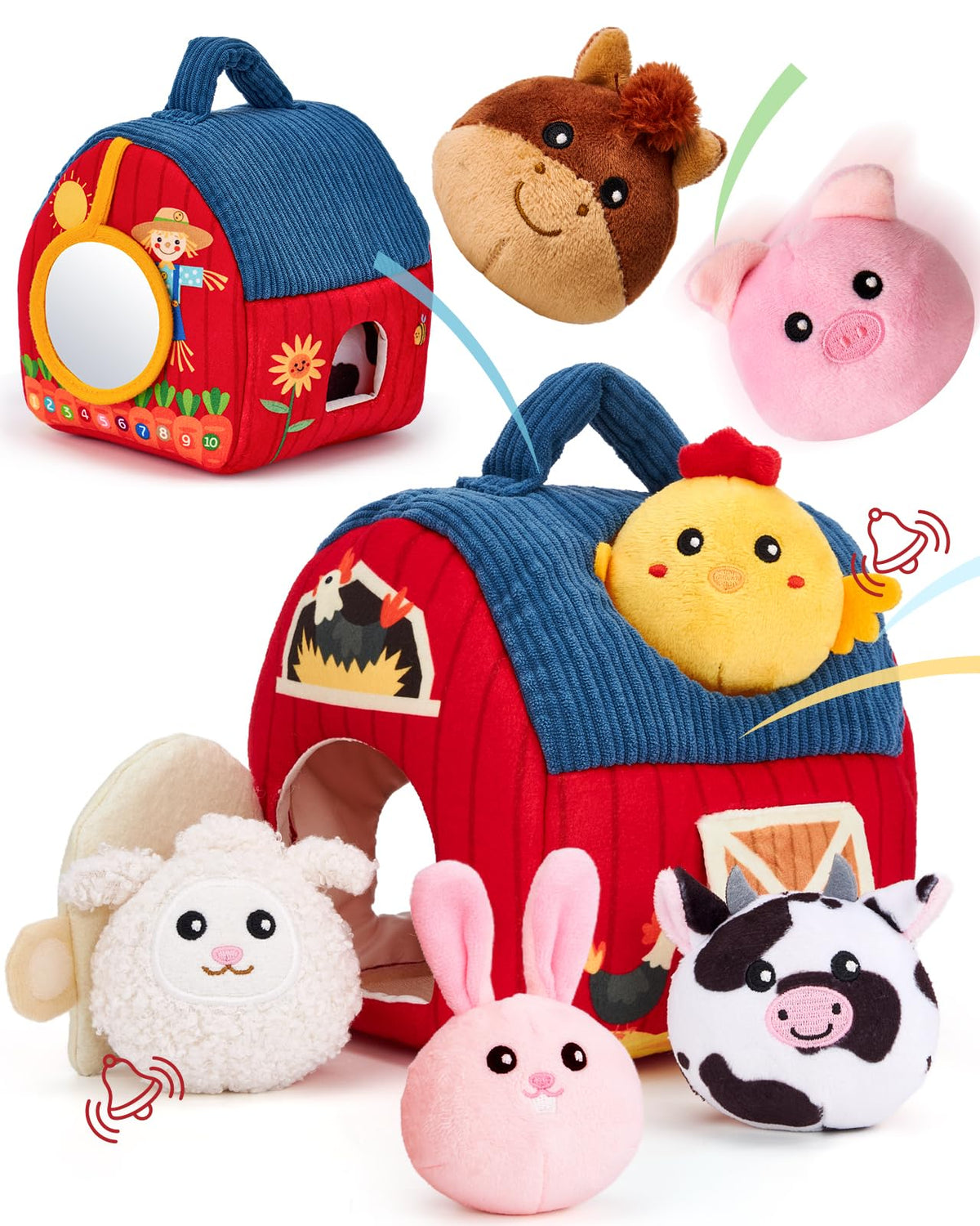 hahaland Baby Toys 6-12 Months - Surprise Barn Stuffed Farm Animals Plush | Baby Gifts Christmas Stocking Stuffers 6 Month Old Montessori Toys with Rattle, Crinkle, Texures, Mirror Infant Sensory Balls
