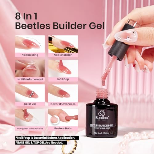 Beetles Builder Gel Set, 6 Colors Jelly Clear Pink Nude Building Gel, 8 in 1 for Instant Apex Thickening, Strengthening Weak Nails & Extension, Beginners DIY Salon at Home Gifts, UV LED Lamp Needed