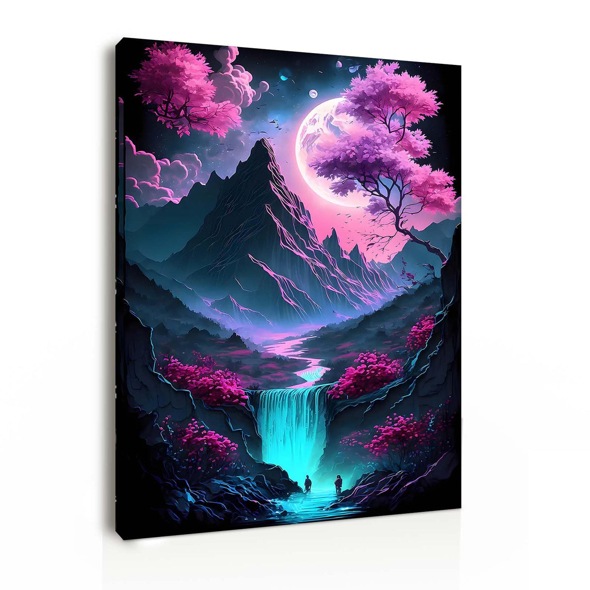 Canvas Wall Art 12x16 Inch Framed Landscape Painting Moon Waterfall and Mountains Modern Wall Decoration for Living Room Bedroom Hallway and Stairs Artwork Wall Pictures with Hooks and Magic Tape