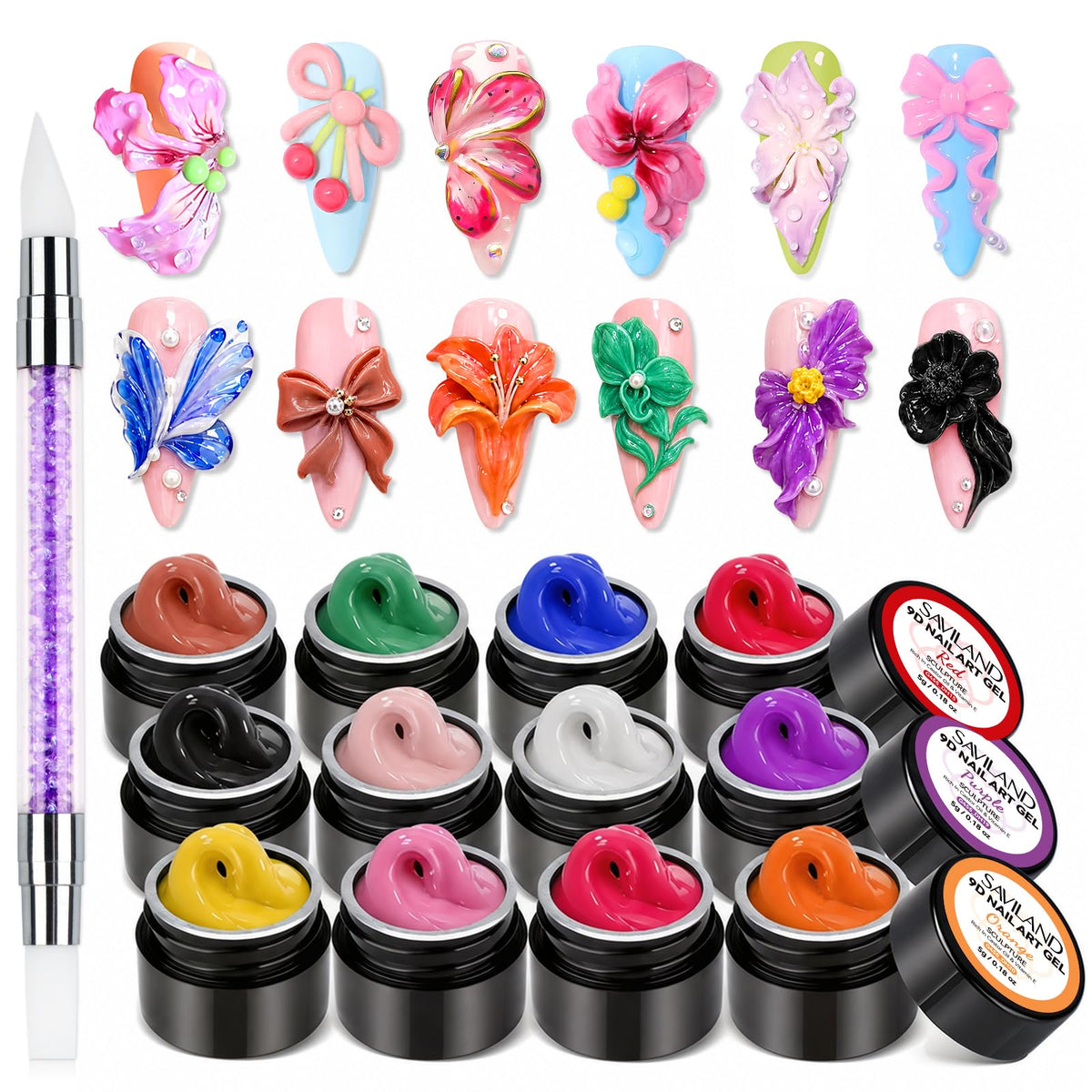 SAVILAND Non-Sticky 3D Sculpting Gel for Nail Art, 12 Colors Black White | No-Wipe, For Hand Carving 3D Art Design, Plant-Based Formula, Soak-Off, With Dual-End Sculpture Pen, Home and Salon Use