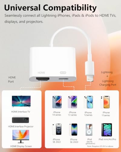Lightning to HDMI Adapter for iPhone, [Apple MFi Certified] Digital AV Dongle, 1080P Sync Screen Cable with Lightning Charging Port for iPhone, iPad to TV/Projector/Monitor No Need Power Supply