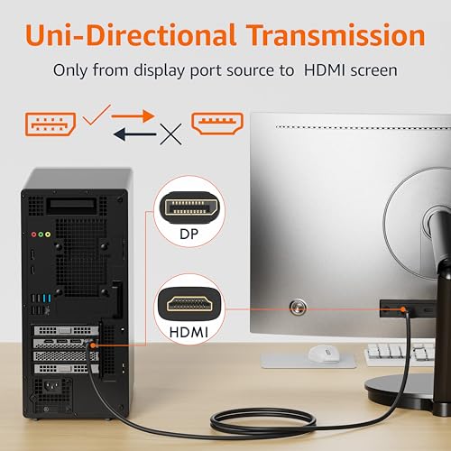 Amazon Basics DisplayPort to HDMI Cable, Uni-Directional, 4K@30Hz, 1920x1200, 1080p, Gold-Plated Connectors for Enhanced Picture Quality and Sound, 6 ft, Black Temp