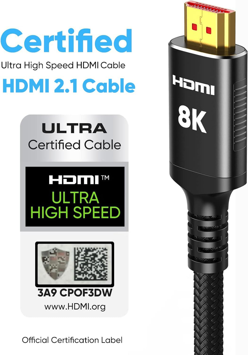Snowkids 8K HDMI Cable 10ft, Certified 2.1 UHD [4K & Ethernet Support] | 48Gbps Ultra High Speed,Non-Slip,eARC 4K120 144Hz HDR10 HDCP 2.2&2.3,Braide 8K@60Hz Compatible for TV/PS-5/X-box/Sound System