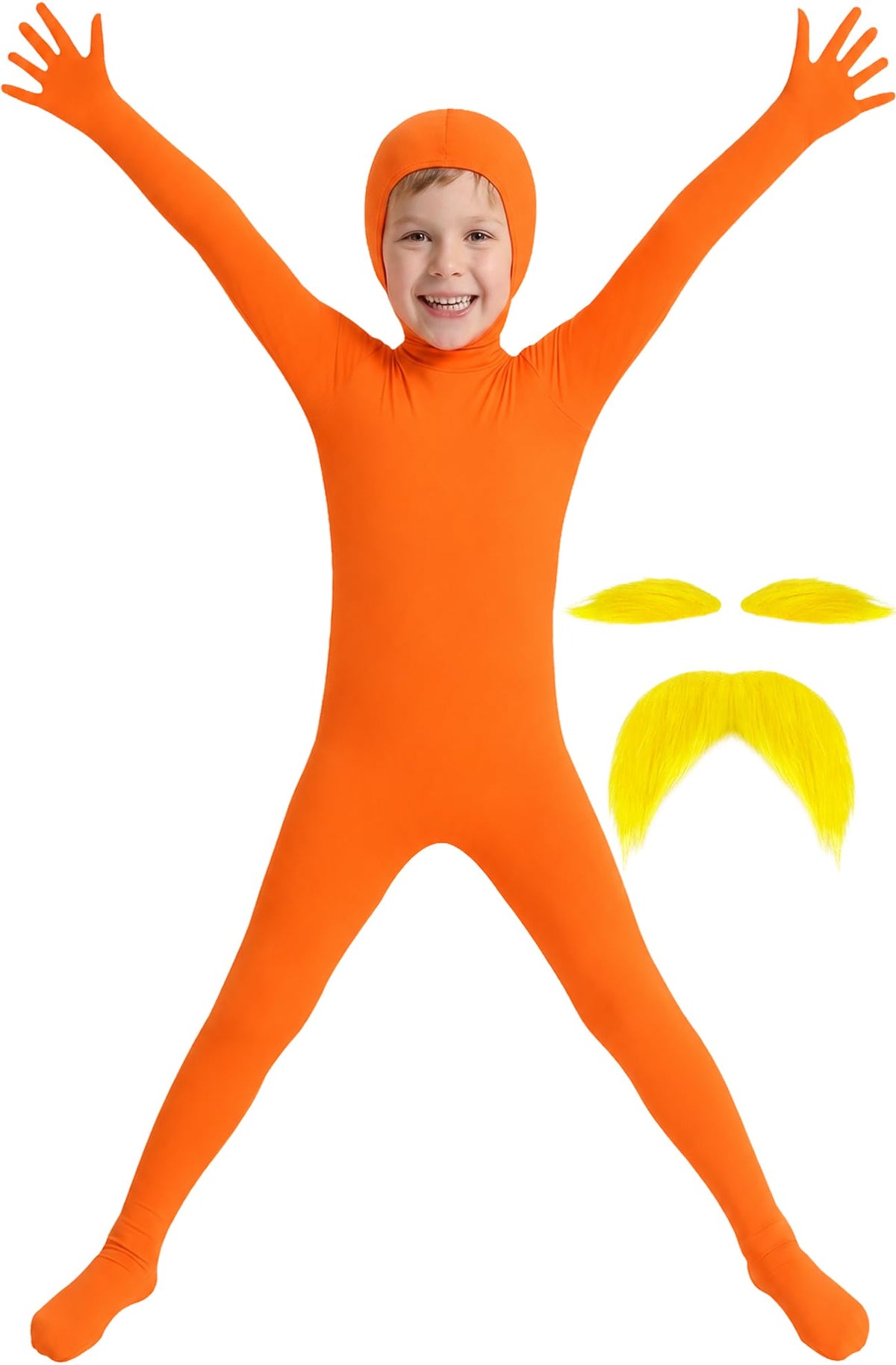 Boutrele Orange Spandex Bodysuit for Kids, Halloween Costume for Boys Girls | 3 PCS Orange Bodysuit/Headgear/Mustache and Eyebrows,Halloween Group Costumes Dress up,Read Day Role Play