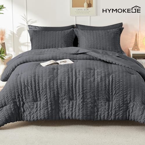 Queen Comforter Set - 7PCS Bed in a Bag, Seersucker Bedding Set, Dark Grey | OEKO-TEX Certified, All Season Comforter with Sheets, Down-Alternative Fill, Soft & Breathable, Pillowcases & Shams
