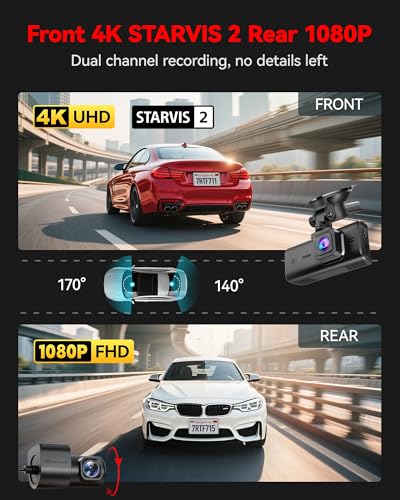 REDTIGER 4K STARVIS 2 Dashcam Front Rear, 5GHz WiFi 20MB/s, Free 128GB Card | Voice Control, Touch Screen, GPS, Loop Recording, Parking Mode, Audio Recording, WDR Night Vision, Supercapacitor(F7N Touch)
