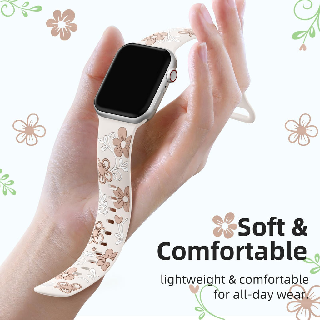 Witzon Floral Silicone Band Compatible with Apple Watch Bands For Women | 40mm 41mm 38mm 42mm 44mm 45mm 46mm 49mm, Engraved Cute Dressy Strap for iWatch Series 12 11 10 9 8 7 6 5 SE Ultra 4 3 2 1