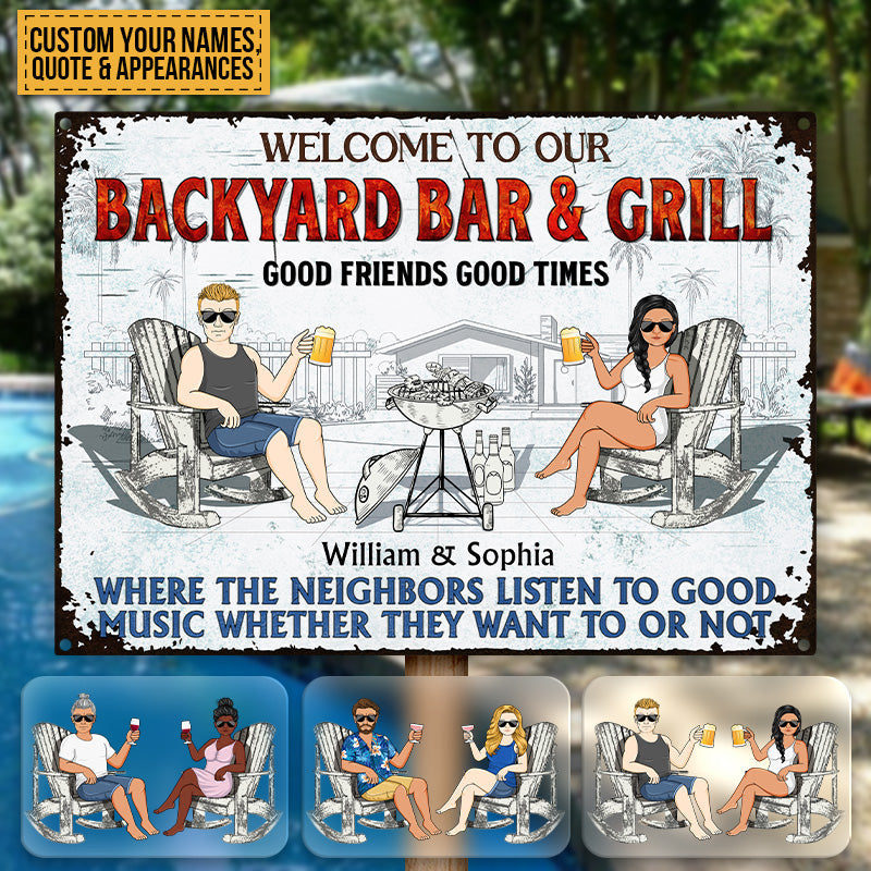 Personalized Pool Patio Metal Sign: "Neighbors Listen to Good Music!"
