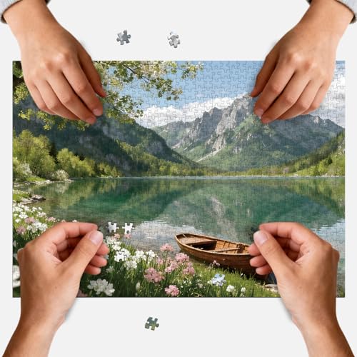 PQIKTUV Spring Mountain Lake Puzzles for Adults 1000 Pieces | Wooden Boat Landscape Jigsaw Puzzle, Nature Scenery 1000 Pieces Puzzles for Adults, Wall Decor, 27.56x19.7 Inch