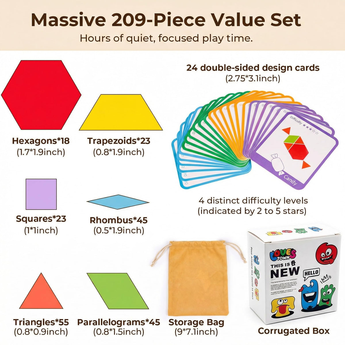 LovesTown 209 PCS Shapes Wooden Pattern Blocks for Kids | Geometric with Activity Cards, Storage Bag, Educational Tangram Puzzles, Great Learning Gift