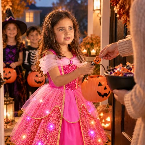 Meland Light Up Princess Dress for Girls Ages 3-10, Halloween Costume Party | Pink Light up Princess Dress for Girls with Princess Toys, Halloween Christmas Birthday Gift for Girls 3 4 5 6 7 8 9 10