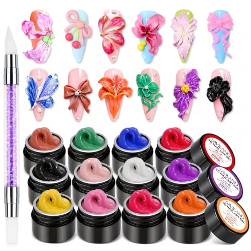 SAVILAND Non-Sticky 3D Sculpting Gel for Nail Art, 12 Colors Black White | No-Wipe, For Hand Carving 3D Art Design, Plant-Based Formula, Soak-Off, With Dual-End Sculpture Pen, Home and Salon Use