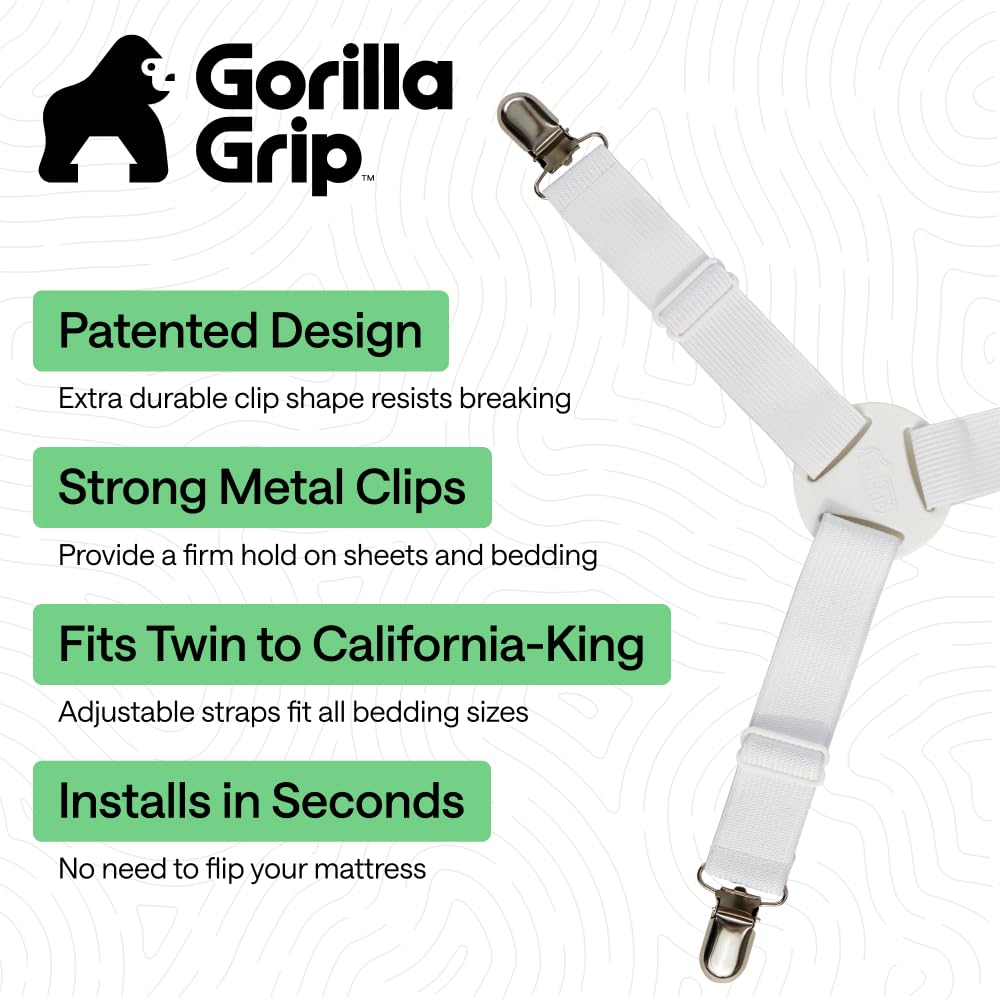 GORILLA GRIP Patented Fitted Bed Sheet Holders for Corners, 4 Pack White | Adjustable Elastic Fasteners with Straps with Metal Clips, Keeps in Place Bedding Sheets, Tight Suspenders for Mattress