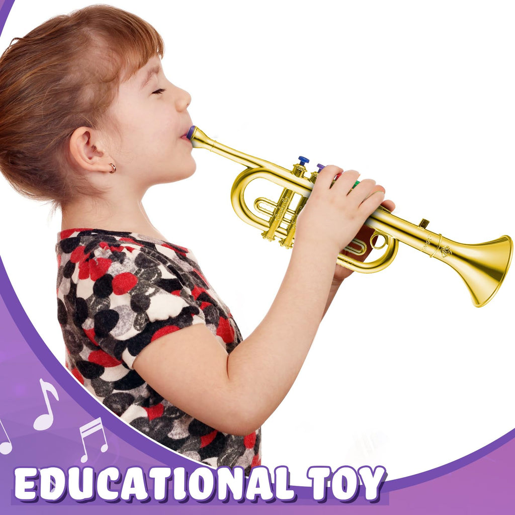 Lewtemi Gold Trumpet Musical Instruments Toy for Kid Fake Plastic | Musical Toy for Girls Preschool Learning, Fake Wind Horn Colorful Keys, Beginner Saxophone Trombone Bugle Teaching Gift