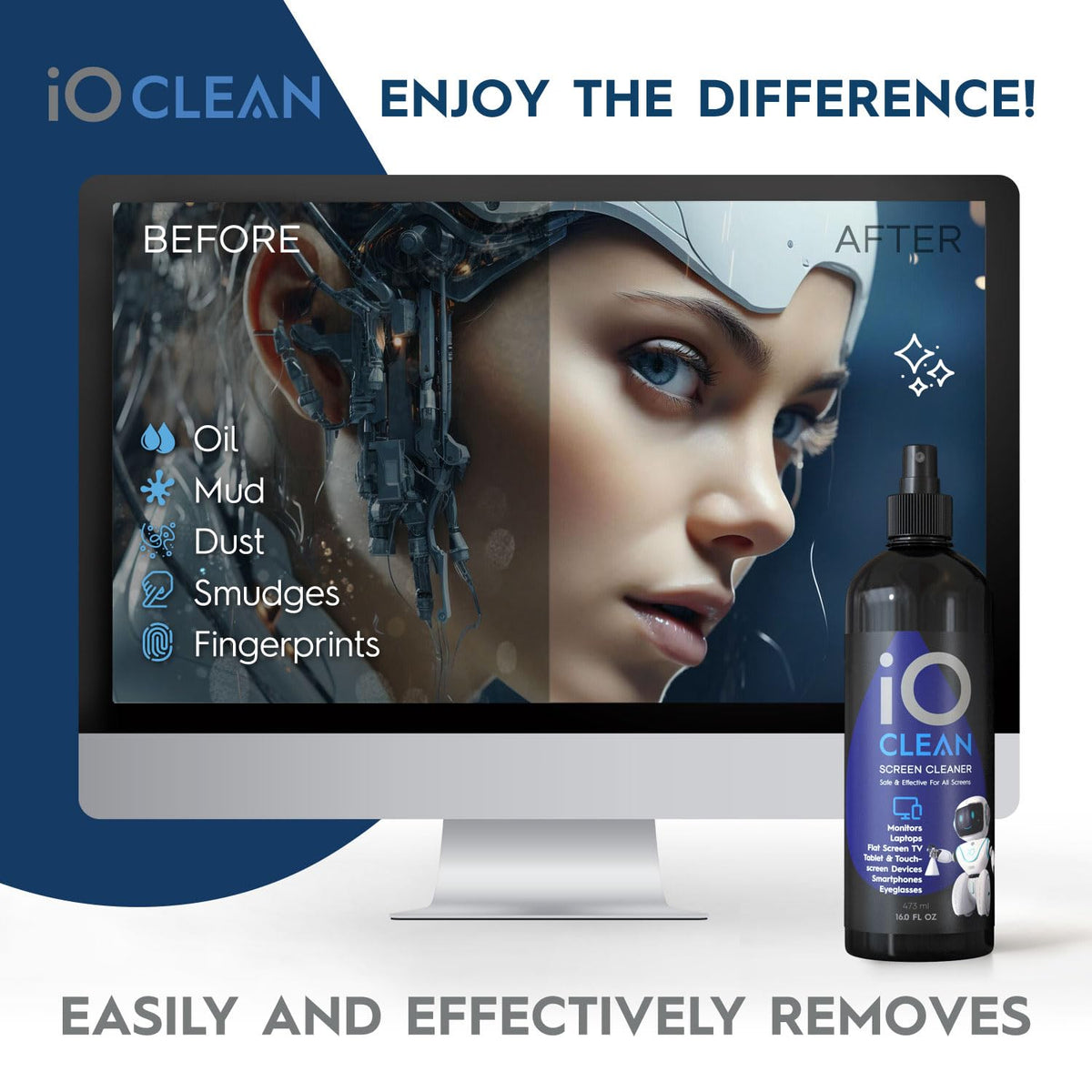 iO CLEAN 16oz Screen Cleaner Spray – Best Large Cleaning Kit | for LCD, LED & OLED TV, Smartphone, iPad, Laptop, Touchscreen, Computer Monitor, Microfiber Cloth Wipes & 2 Nozzles