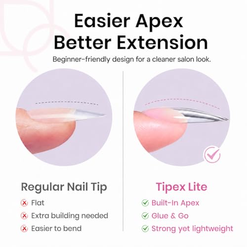Beetles Tipex Lite Instant Apex Nail Tips, Medium Stiletto, 16 Sizes(00-14) | No Builder Gel Needed, Etched-free Acrylic Nails for DIY Salon-look False Nail Extensions, Full Cover Soft Gel Tips
