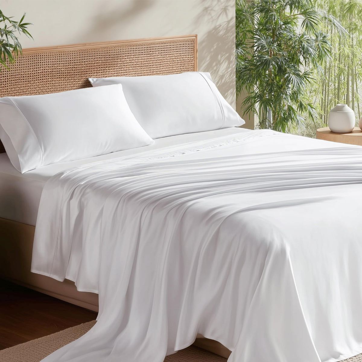 Bedsure PureWoven 100% Rayon Derived from Bamboo, Queen Sheets, 4 Pieces | Featured in Forbes Vetted, Cooling Sheets for Hot Sleepers, Breathable & Silky Soft, 16" Deep Pocket Bedding, White