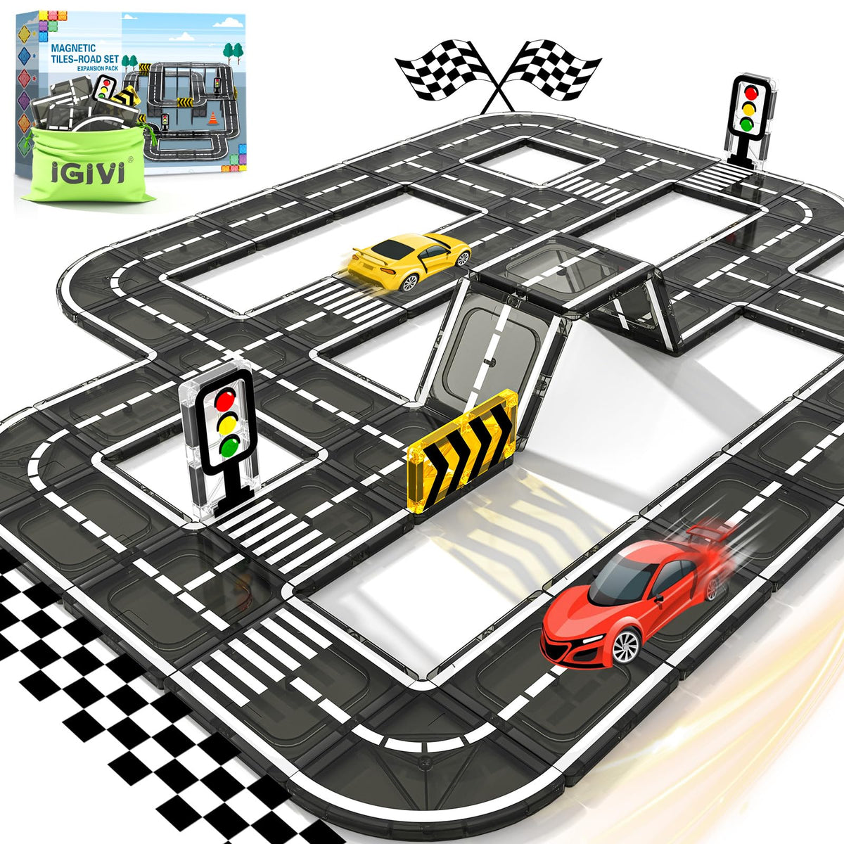 Magnetic Tiles - Road Expansion Pack, Preschool Magnet Toys for Toddlers | Compatible With Major Brands Magnetic Tiles, Road Themed Expansion, STEM Toys for 3-8 Year Old Boys, Ideal Gifts for Kids