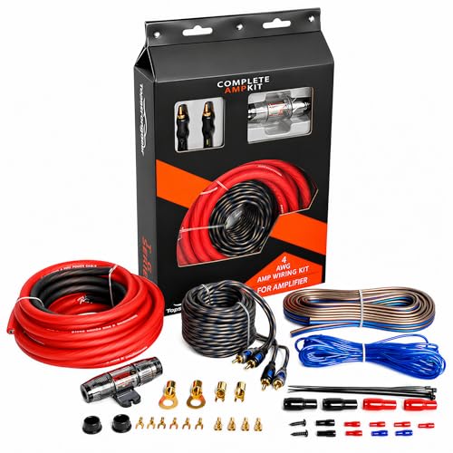 4 Gauge Amp Wire Kit, 4 CCA AWG Amplifier Wiring Kit for Subwoofer Speaker | Car Audio Amp Install Kit with 20ft Power Ground Battery Cable, RCA Cables, Fuse Holder, Speaker Wire, Turn On Wire