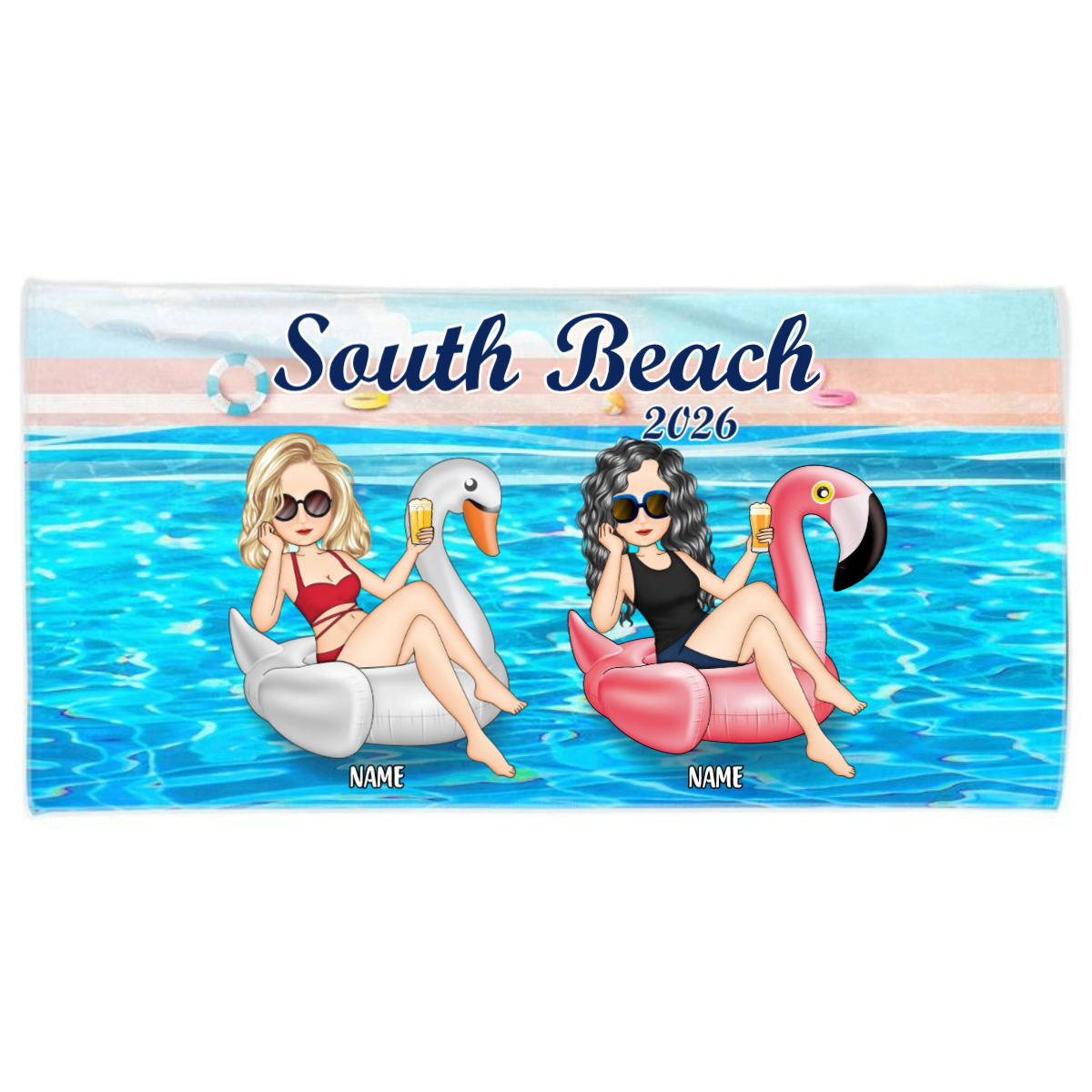 Personalized Beach Bestie Flamingo Girl Beach Towel - Gift For Bestie For Women
