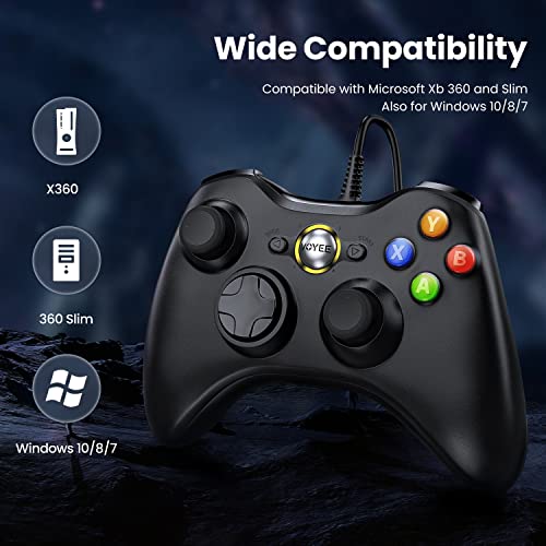 VOYEE PC Controller, Wired Compatible with Xbox 360 & Slim/Windows 10/8/7 | Upgraded Joystick, 7.2ft Cord, Ergonomic Grips, Double Shock | Enhanced (Black)