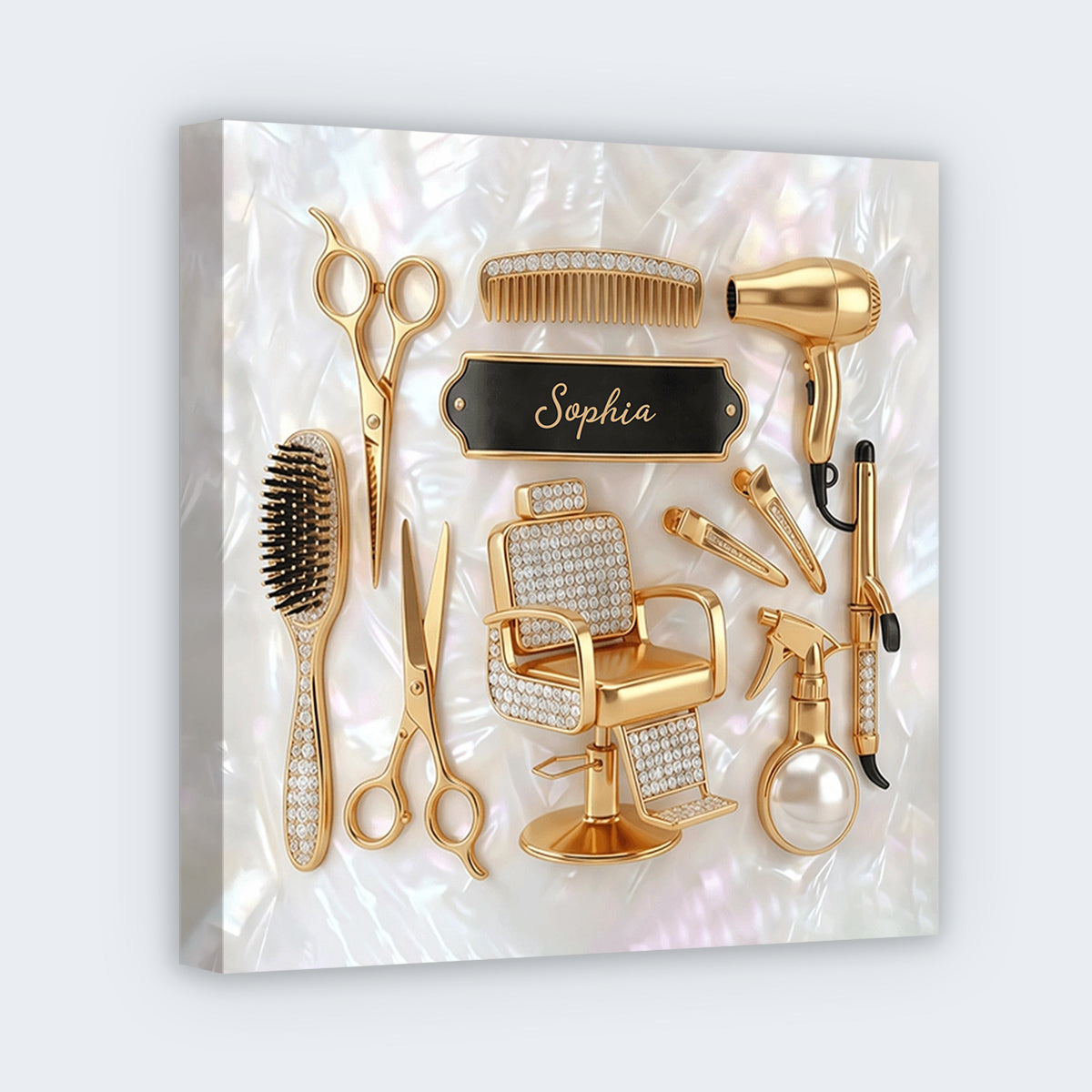 Gold Salon Tools on Mother of Pearl Mosaic Personalized Square Canvas - Custom Gift for Hair Stylist & Hairdresser
