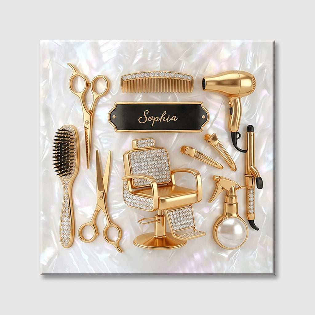 Gold Salon Tools on Mother of Pearl Mosaic Personalized Square Canvas - Custom Gift for Hair Stylist & Hairdresser