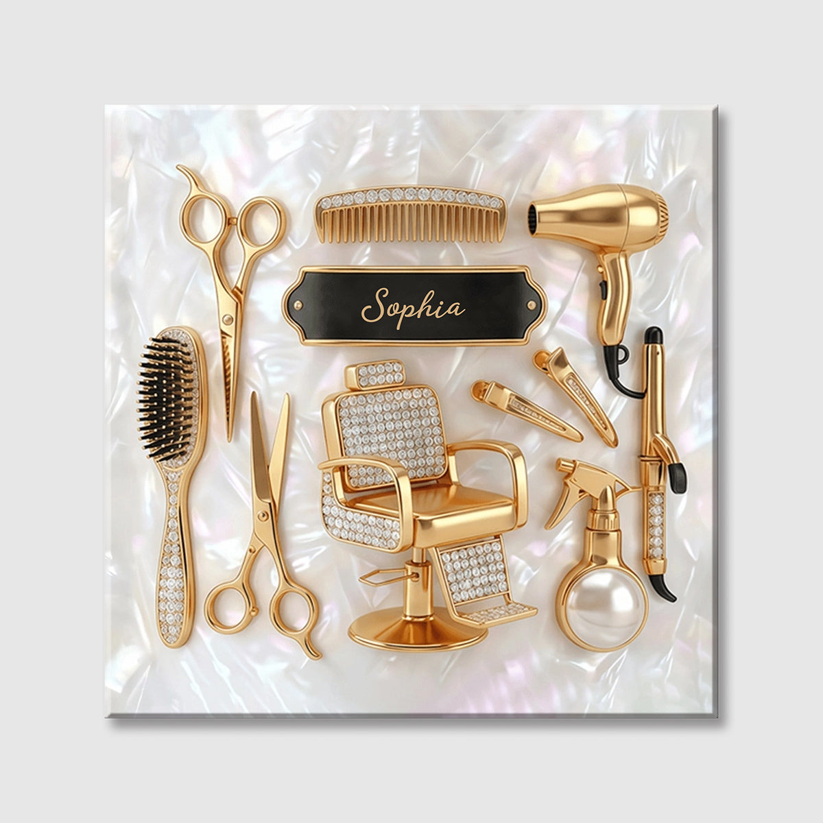 Gold Salon Tools on Mother of Pearl Mosaic Personalized Square Canvas - Custom Gift for Hair Stylist & Hairdresser
