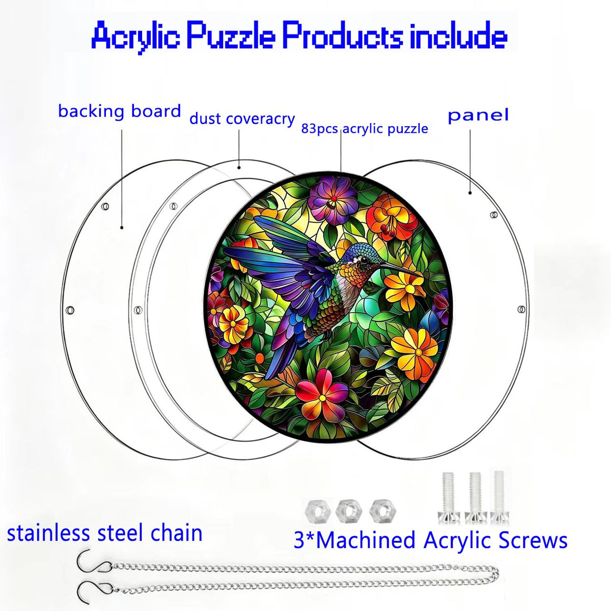 Hummingbird 83 Piece Acrylic Jigsaw Puzzle,DIY Hanging Sun Catcher Puzzle | Stained Glass Acrylic Suncatcher Puzzle,Home Garden Decoration,DIY Puzzles Window Hanging