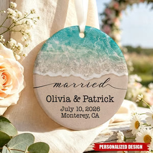 Custom Married Beach Wedding Ceramic Ornament - Personalized Couples Keepsake Gift
