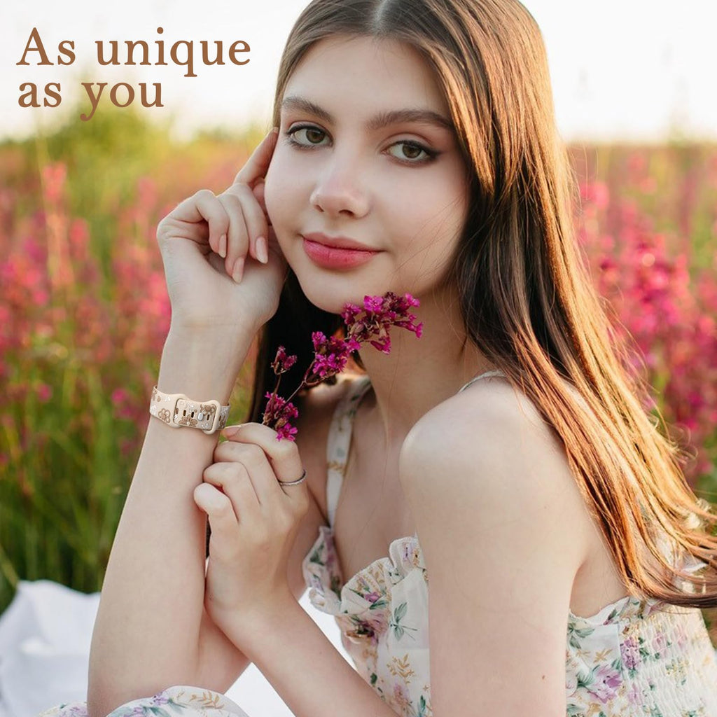 Witzon Floral Silicone Band Compatible with Apple Watch Bands For Women | 40mm 41mm 38mm 42mm 44mm 45mm 46mm 49mm, Engraved Cute Dressy Strap for iWatch Series 12 11 10 9 8 7 6 5 SE Ultra 4 3 2 1