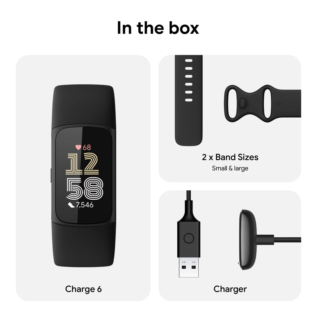 Google Fitbit Charge 6 - Fitness Tracker - Obsidian/Black | Google apps, heart rate on exercise equipment, 3-month Google Health Premium membership included, small and large bands