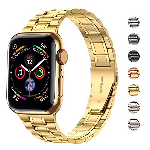 MioHHR Solid Stainless Steel Band Compatible for Apple Watch 38mm 40mm 41mm | Adjustable Metal Strap with Soft TPU Case for Women and Men, Fits iWatch Bands Series 9 8 7 6 5 4 3 2 1, SE3, SE2, SE, Gold