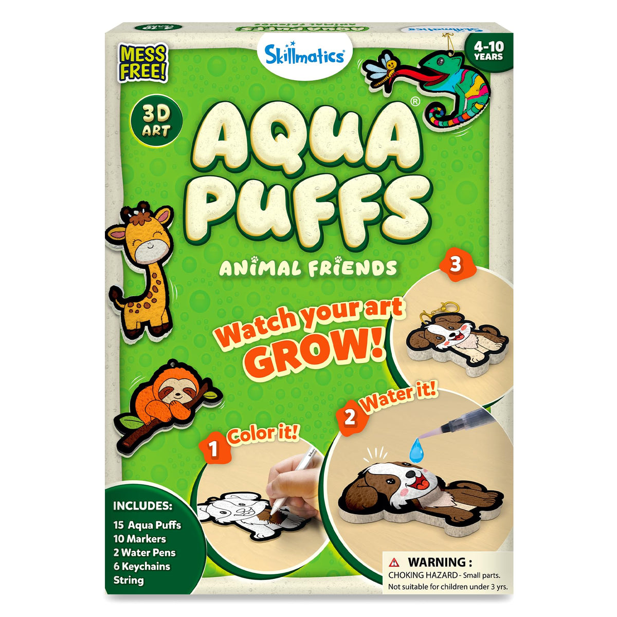 Skillmatics Aqua Puffs Animals, Art & Craft, Paint by Number, Gift for Kids | DIY Puffy Keychains, Screen-Free, Mess-Free Activity, Travel & Creative Kit for Girls & Boys Ages 4, 5, 6, 7, 8, 9, 10