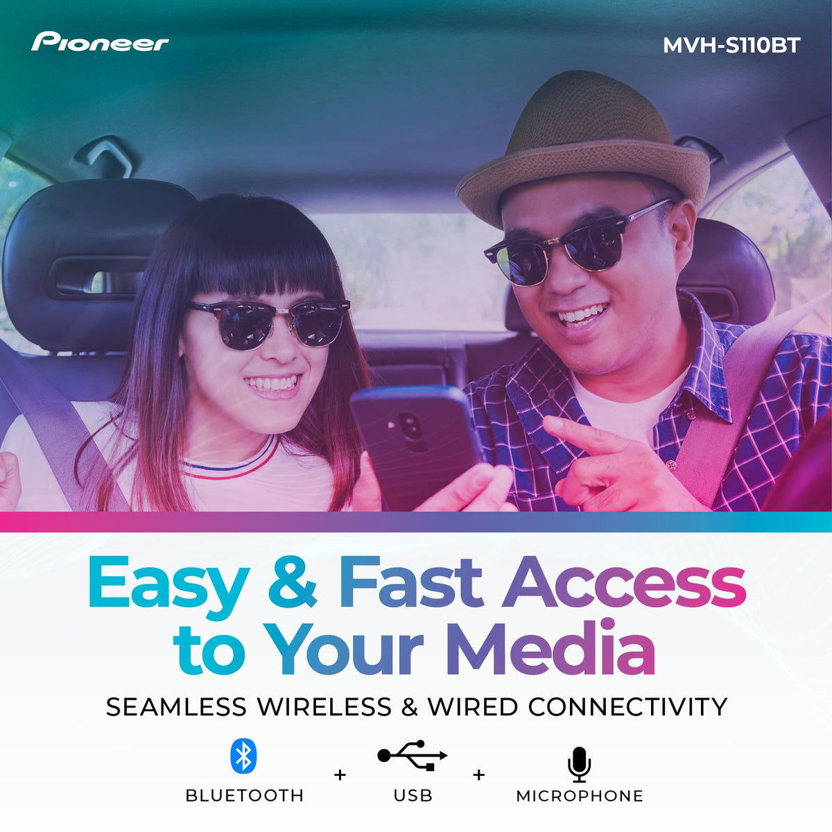 Pioneer MVH-S110BT 1-Din Digital Media Car Stereo with Bluetooth | Digital Media Receiver, USB Input, 50W x 4 Output, AM/FM Radio, iPhone & Android Compatible, Front & SW RCA Output