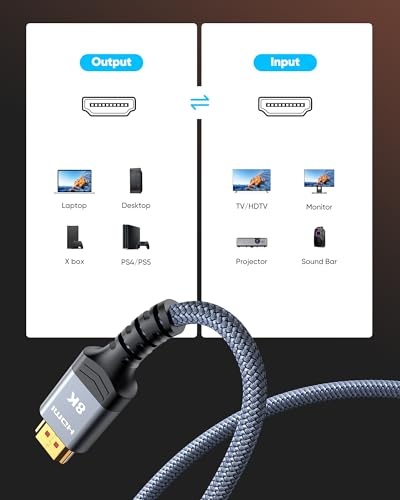 Highwings 8K 10K 4K HDMI Cable 48Gbps 6.6FT/2M, Certified Ultra High Speed | 2.1 HDMI Cable Braided Cord-4K@120Hz 8K@60Hz, DTS:X, HDCP 2.2 & 2.3, HDR 10 Compatible with DVD Player/PS5/HDTV/Blu-ray
