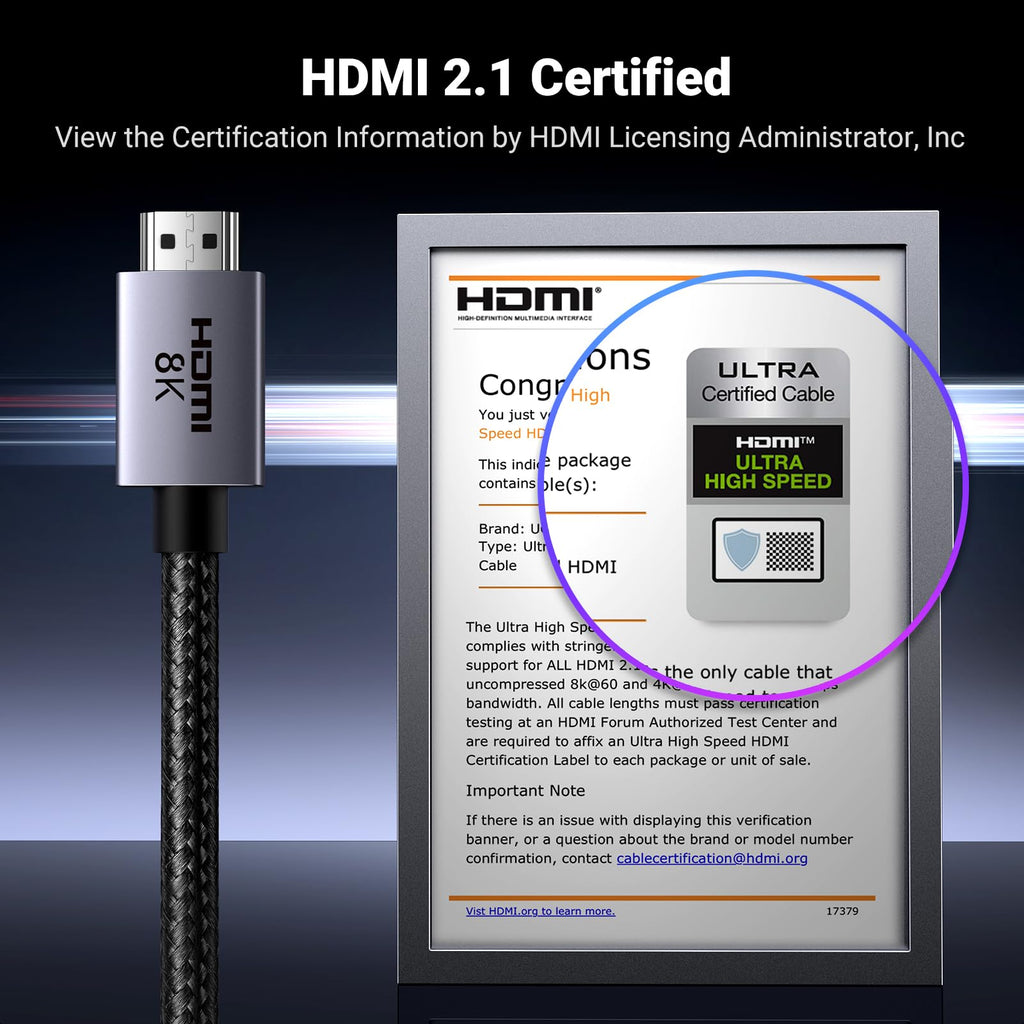 UGREEN 8K HDMI 2.1 Cable 48Gbps 6.6FT, Certified Ultra High Speed HDMI Cord | Aluminum, 4K@240Hz 120Hz 10K 8K@60Hz, HDCP 2.2&2.3, eARC HDR 10 Dolby Compatible with PS5/Blu-ray/Roku TV/Switch 2/Mac mini