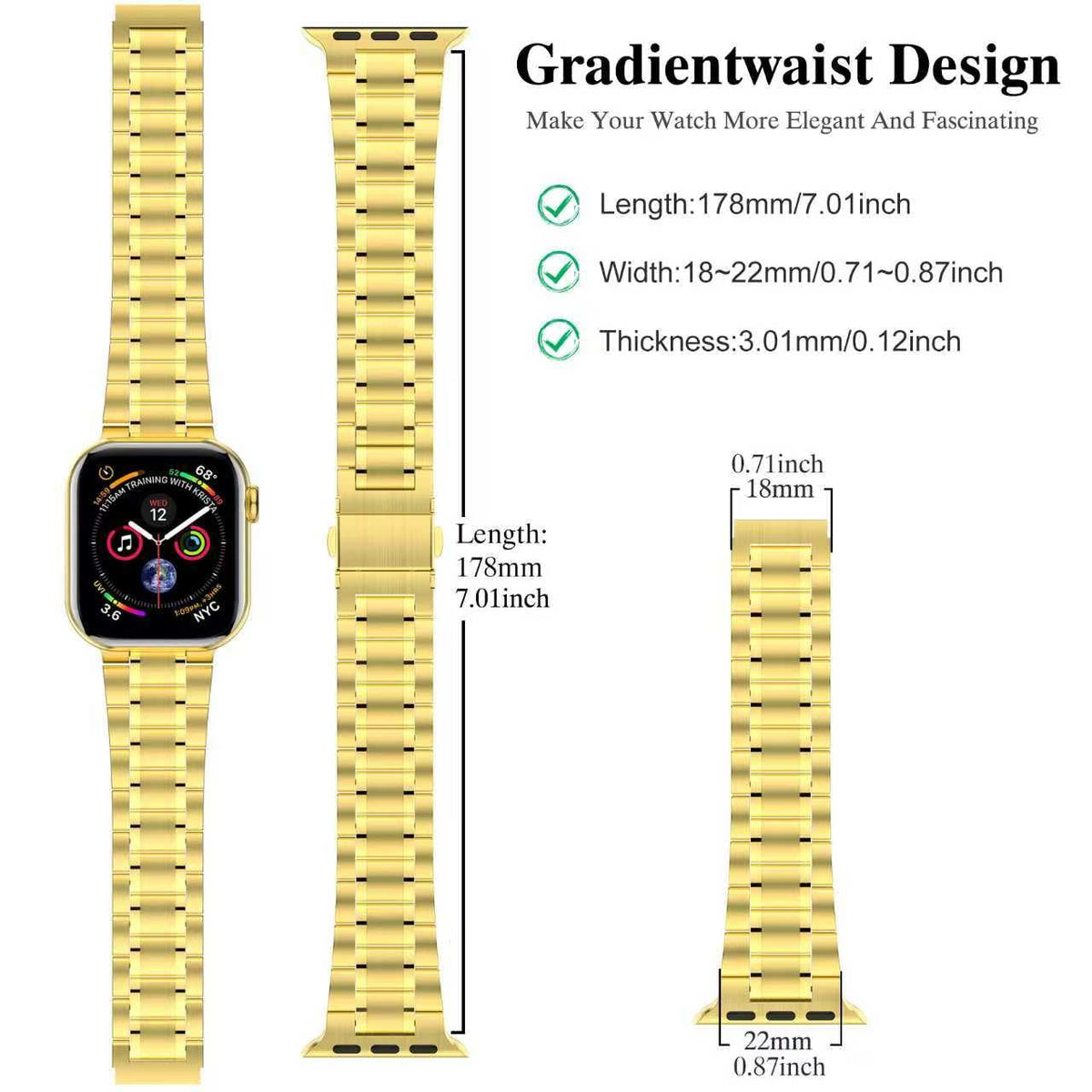MioHHR Solid Stainless Steel Band Compatible for Apple Watch 38mm 40mm 41mm | Adjustable Metal Strap with Soft TPU Case for Women and Men, Fits iWatch Bands Series 9 8 7 6 5 4 3 2 1, SE3, SE2, SE, Gold