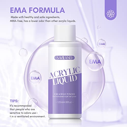 SAVILAND Low Odor EMA Monomer Acrylic Nail Liquid, 4 oz | Non-Yellowing Monomer with #12 Nail Brush, Strong Adhesion, For Extensions & 3D Sculpting, DIY Beginners, Home and Salon Use
