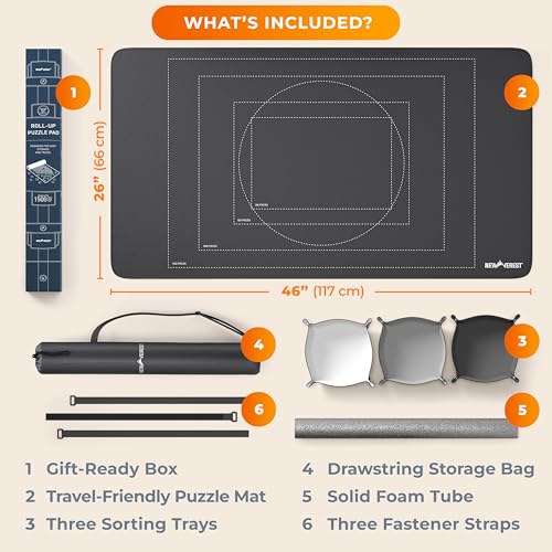 The Original Newverest Jigsaw Puzzle Mat Roll Up, Saver Pad 46” x 26” Portable Keeper Up to 1500 Pieces with Non-Slip Rubber Bottom & Smooth Top + 3 Puzzle Sorting Trays & Travel-Friendly Storage Bag