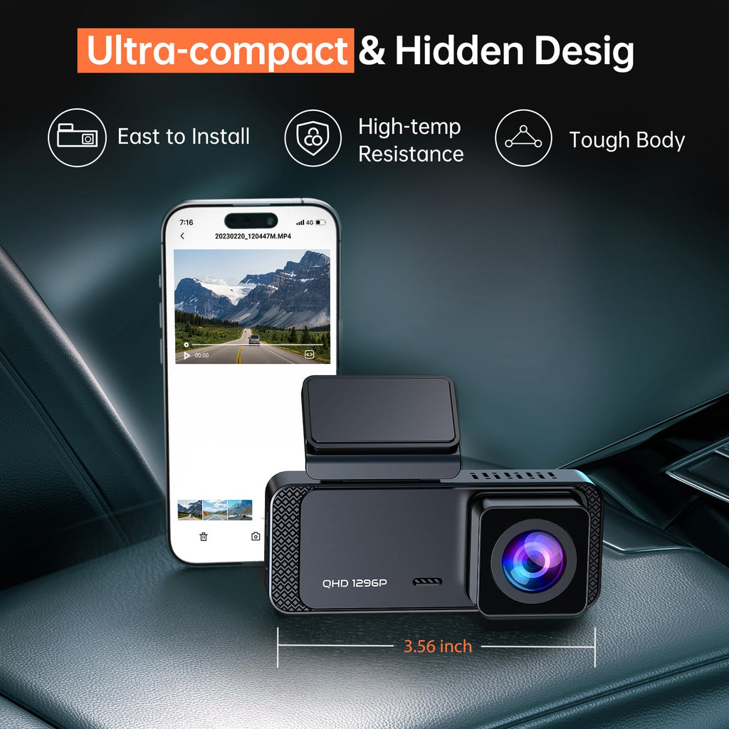 Veement 1296P Dash Cam Front, WiFi Dash Camera for Cars with App | V300 Mini Hidden Design, Night Vision, 170° Lens, Loop Recording, G-Sensor, 256GB Max, Card Not Included, Hardwire Required