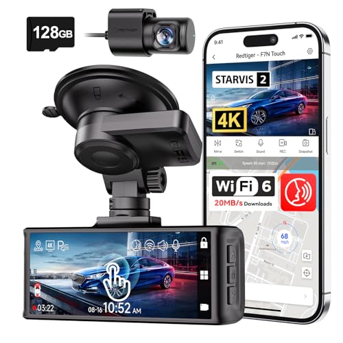 REDTIGER 4K STARVIS 2 Dashcam Front Rear, 5GHz WiFi 20MB/s, Free 128GB Card | Voice Control, Touch Screen, GPS, Loop Recording, Parking Mode, Audio Recording, WDR Night Vision, Supercapacitor(F7N Touch)