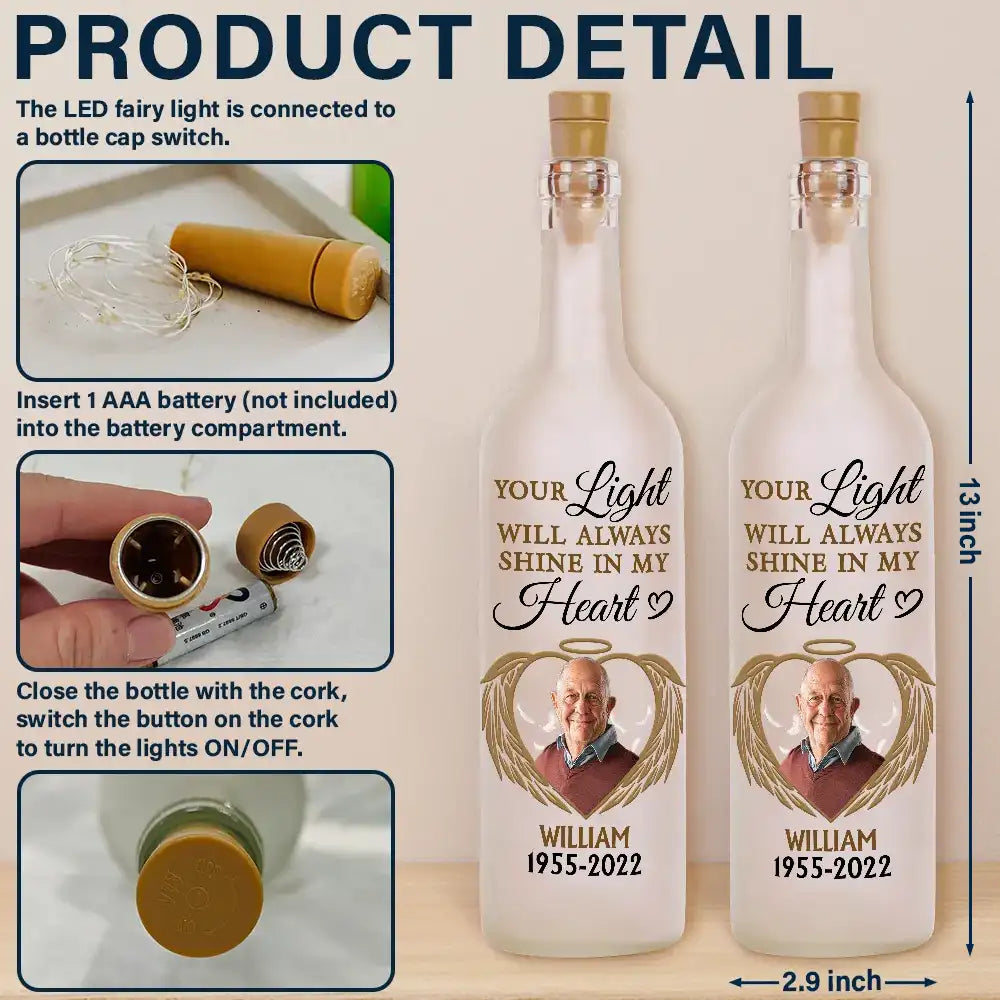 Personalized Memorial For Loved One Bottle Light: 'Your Light Always Shines in My Heart'